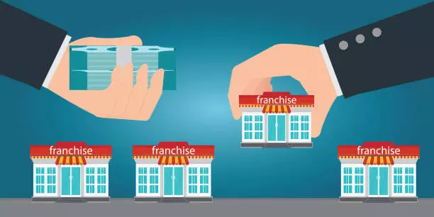 Two human hands changing money for small store or franchise. Franchise business concept vector illustration.